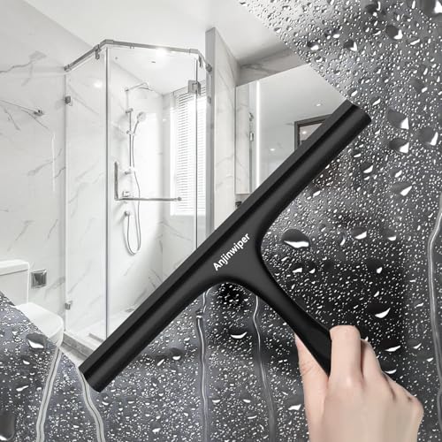 Anjinwiper Duschabzieher, Abzieher Dusche 10″, Streifenfreier Fensterabzieher für Dusche mit Halterung für Badezimmer Fenster Autoglas Spiegel, Schwarz