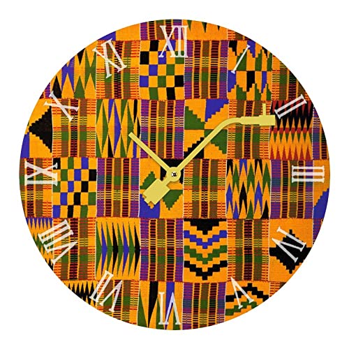 African Kente Cloth Ethnic Art Pattern Round Wall Clock Silent Non Ticking Quartz Clocks Pvc Wood For Kids Living Room Bedroom Kitchen School Office Decor #TOP19