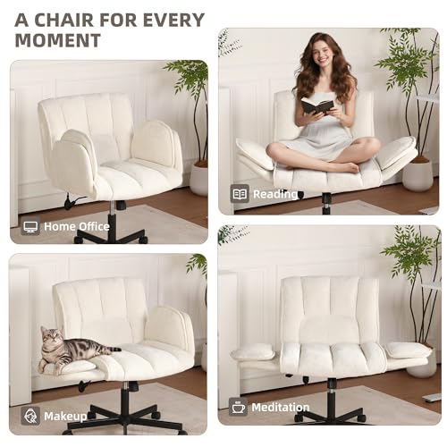 Image of Criss Cross Chair with Wheels & Outward-Folding Arms, Cross Legged Office Chair, Built-in Dynamic Airbag Lumbar Support, Wide Seat Desk Chairs for Home Office, Apartment, Vanity, Beige
