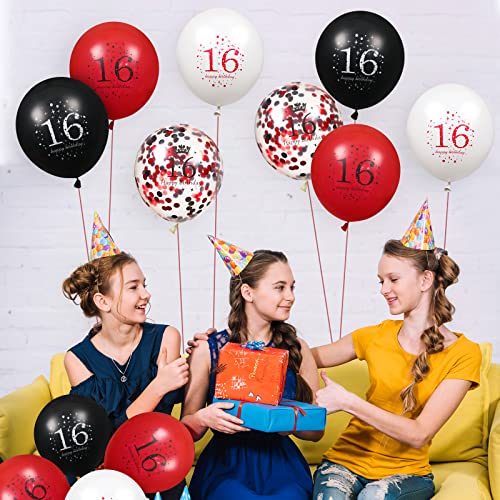Image of 16th Birthday Balloons - 16Pcs Red & Black Latex Balloons for Girls & Boys - Happy 16th Birthday Party Decorations