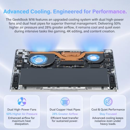 Image of GEEKOM GeekBook M16 Laptop, Up to 24H, 55W Sustained Power Ultra 9 Notebook | 16 inch IPS Display, 16GB LPDDR5, 512GB SSD, 180 Lay-Flat, Dual-Fan, 100W PD Charging, Fingerprint, Privacy Shutter, Windows 11