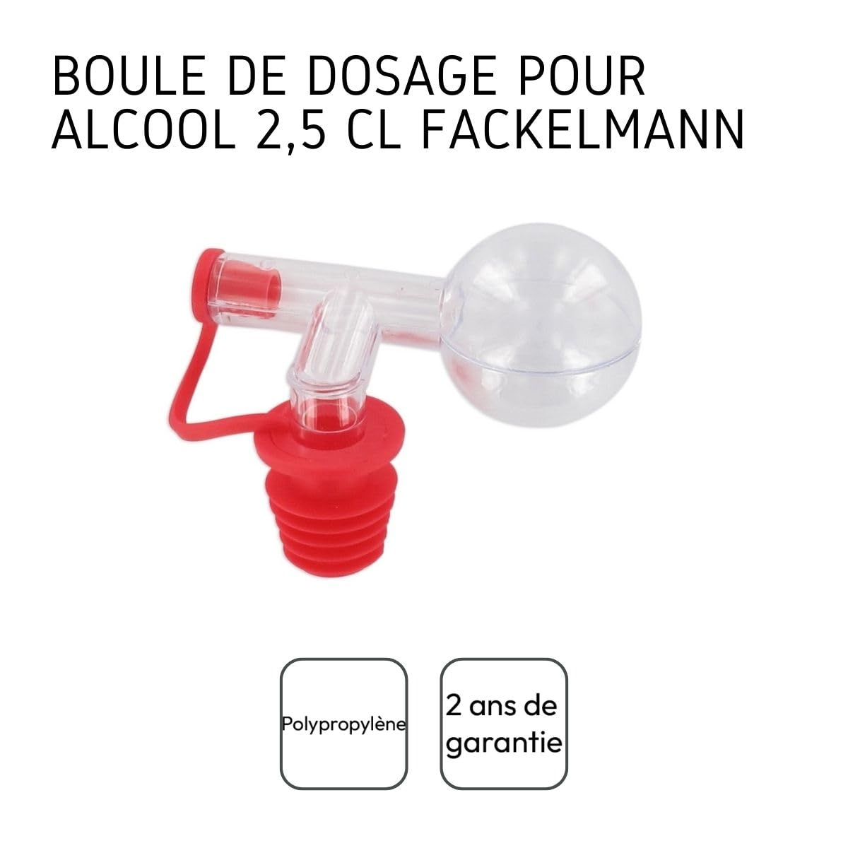 Fackelmann 004032 Dozownik na alkohol, kulka do dozowania alkoholu, wylewka dozująca do butelek, nasadka dozująca 2,5 cl, korek nalewki, plastik, czerwony, 9 x 7 cm