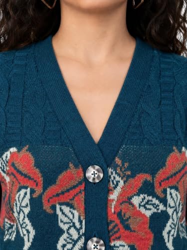 Image of Kalt Women Sweater for Winter Woolen Acrylic Full Sleeves V Neck Floral Design Cardigan Sweater for Women