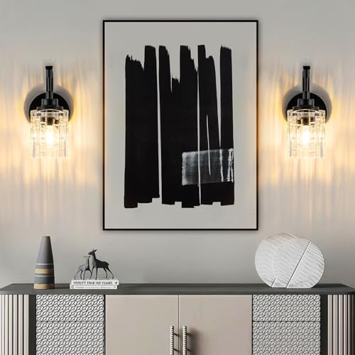 Image of Matte Black Wall Sconce, 1-Light Bathroom Vanity Light Fixture | Clear Glass Shade, E26 Base, Easy to Install, Modern Wall Light for Mirror Living Room Hallway Bedroom