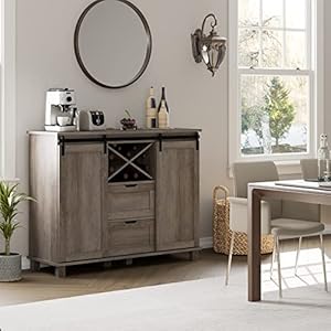 HOSTACK Farmhouse Buffet Sideboard Coffee Bar Cabinet with Storage Liquor Wine Cabinet with Sliding Barn Doors Accent Storage Cabinet for Kitchen Ash Grey