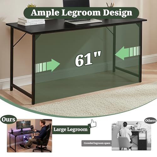 SageNest Computer Desk 63 Inch, Simple Large Home Office Desk Study Writing Table, Sturdy Metal Frame, Scratch-Resistant MDF Desktop for Bedroom Dorm Workspace, Black - Thumbnail 4