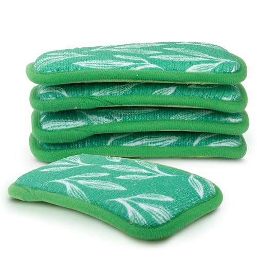 Image of Simplified 5-Pack Scrub & Wipe 2-in-1 Dishwashing Sponges - Non-Abrasive Cleaning Sponges, Double-Sided - Safe for Dishes, Non-Stick Pans or Glassware, Absorbent Dish Sponges, Green Leaves