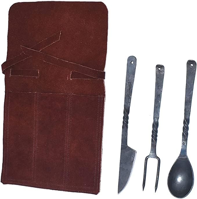 Medieval Dining Hall Eating/Feasting Utensils set of 3 Piece Functional Fork Knife and Spoon Medieval Eating Set, with genuine leather pouch for easy carrying.