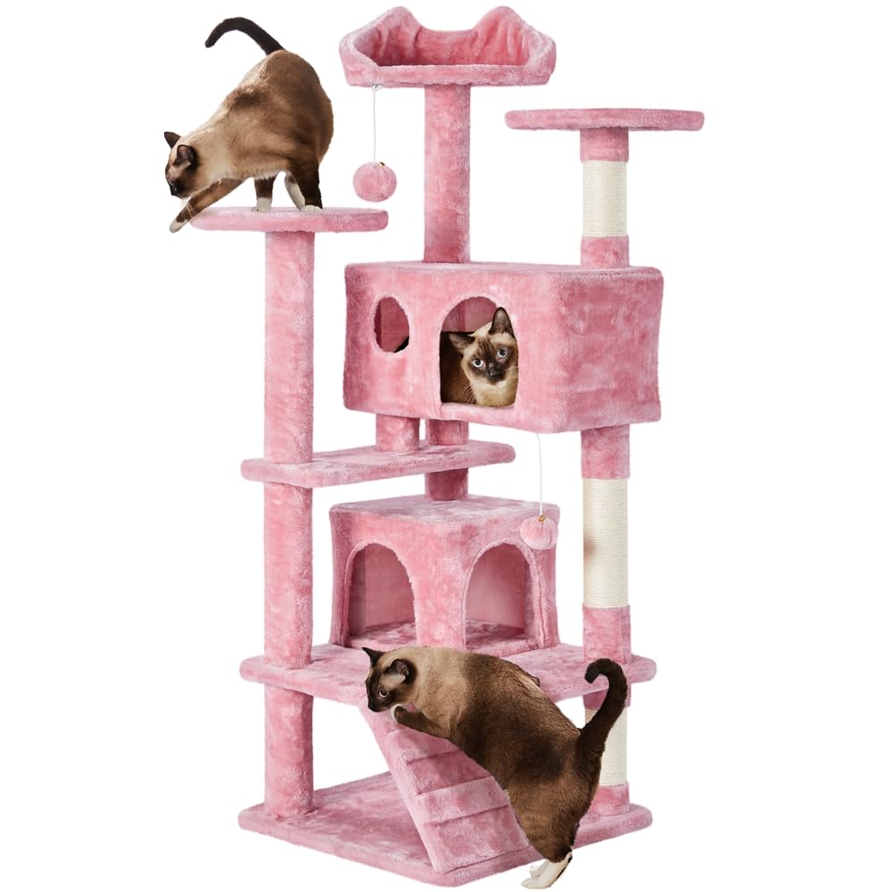 Yaheetech Albero Tiragraffi per Gatti 137 cm con 2 Palle Sisal Naturale Giocattolo Gioco Rosa