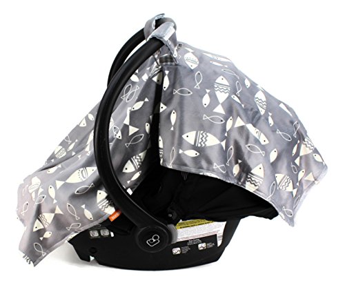 Image of Dear Baby Gear Deluxe Reversible Car Seat Canopy, Custom Minky Print, Fish on Grey /Grey Tan Plaid