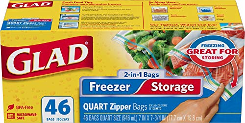 Glad Zipper Food Storage and Freezer 2 in 1 Plastic Bags - Quart - 46 Count (Package May Vary)