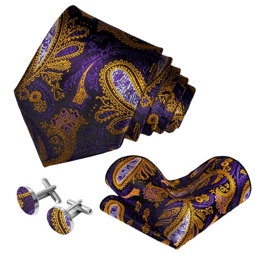 Image of 5PCS Tie and Pocket Square for Men, Silk Necktie and Handkerchief Cufflinks with Gold Ring and Lapel Pin Set