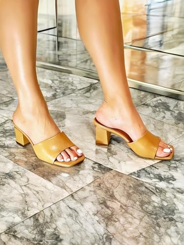 BAMBOO Lasting-54 Women's Open Toe Chunky Heel Mule Sandals, Gold4
