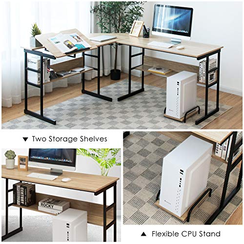 Tangkula 67 Inches L-Shaped Desk, Corner Computer Desk With Bottom Bookshelves & Cpu Stand, Drafting Drawing Table With Tiltable Desktop, Corner Computer Workstation Home Office Desk #TOP6