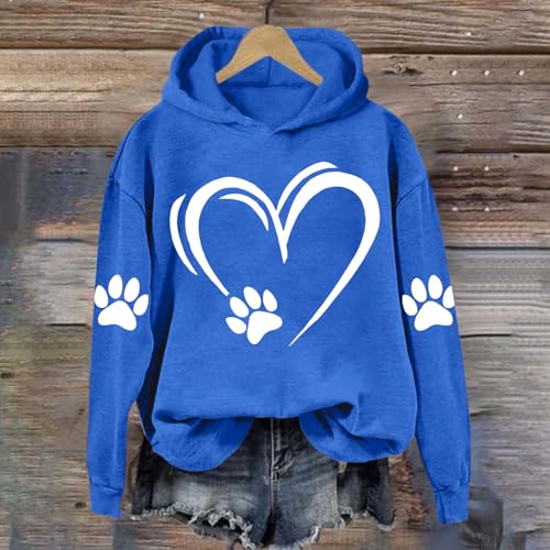 Generisch Hoody Damen Lang Hundepfoten-Abdruck Pullover Mit Herzen Bequemer Oberteil Niedlich Damen Mit Herzen Lockeres Sweatshirt Herbst Kapuzenpullover Modische Top