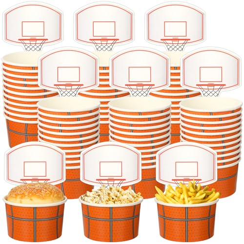 Sunnyray 24 Sets Basketball Hoop Snack Cups with Cards 8 oz Disposable Paper Basketball Party Cups Sports Balls Treat Food Bowls for Balls Birthday Party Favors Decorations Supplies