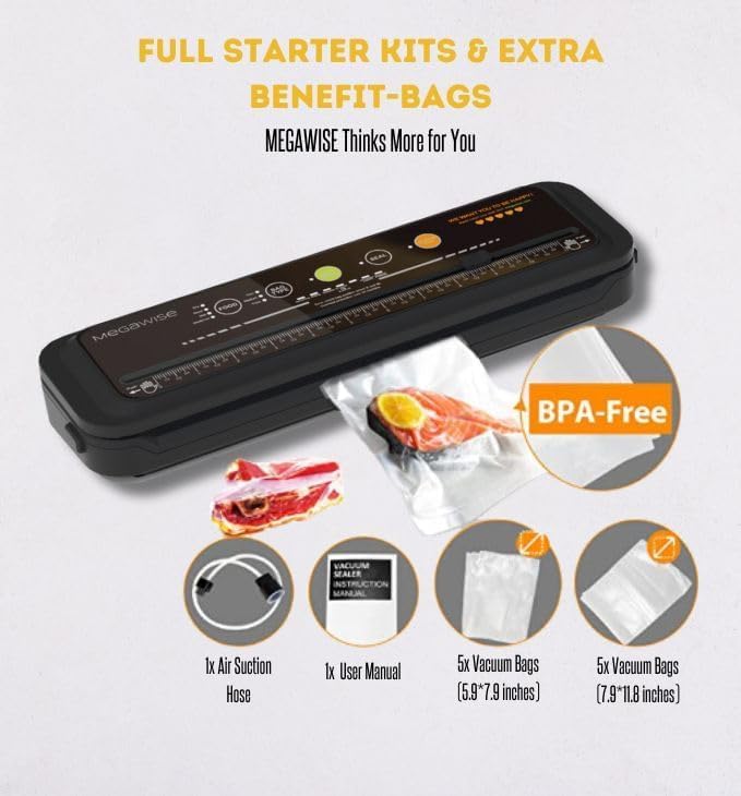 Image of MegaWise Vacuum Sealer Machine | 80kPa Suction Power| Bags and Cutter Included | Compact One-Touch Automatic Food Sealer with External Vacuum System | Dry Moist Fresh Modes for All Saving needs