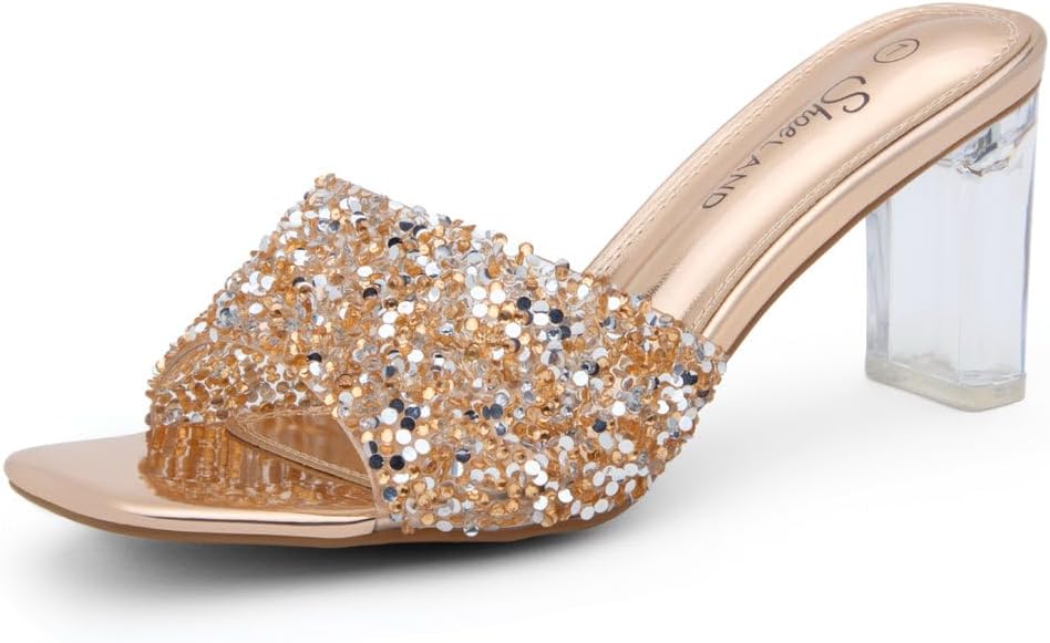 Shoe Land Clear Heels for Women – 3 Inch Chunky Heeled Mules, Transparent Slip-On Square Toe Slides | Dressy Clear Sandals for Wedding, Party & Casual Wear