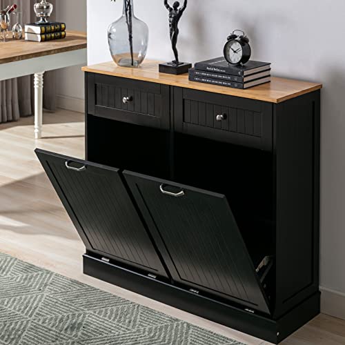 Double Trash Cabinet Tilt Out 20 Gallon, Pet Proof Kitchen Trash Cabinet Laundry Hamper with Cutting Board, Wood Garbage Recycling Station Hideaway Trash Holder Drawers (Black) - Thumbnail 3