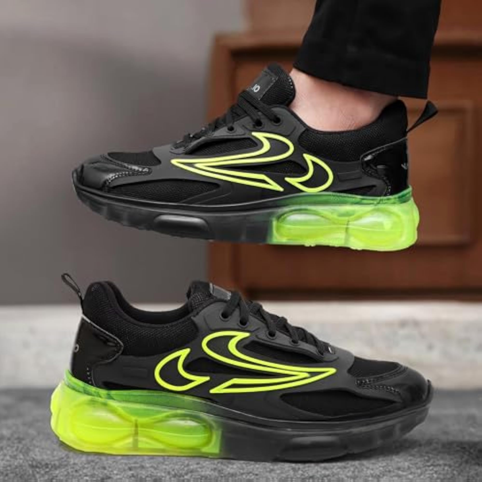 Men's Black-Green Mesh Stylish Casual Shoes, Size 7