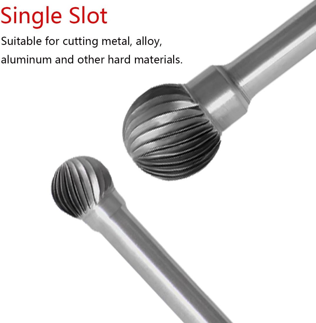 4 Pcs Single Slot Carbide Burr, 1/4'' Shank Round Ball Shape Aluminum Cutting Carbide Burs for Drill, Rotary Tools (D Type)