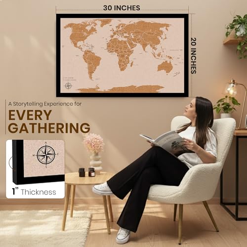 Large Push Pin World Travel Map – 30" x 20" Framed Cork Board Wall Art, Modern World Map with 200 Unique Pins for Tracking Adventures, A Premium Gift for Travelers, Couples and Families