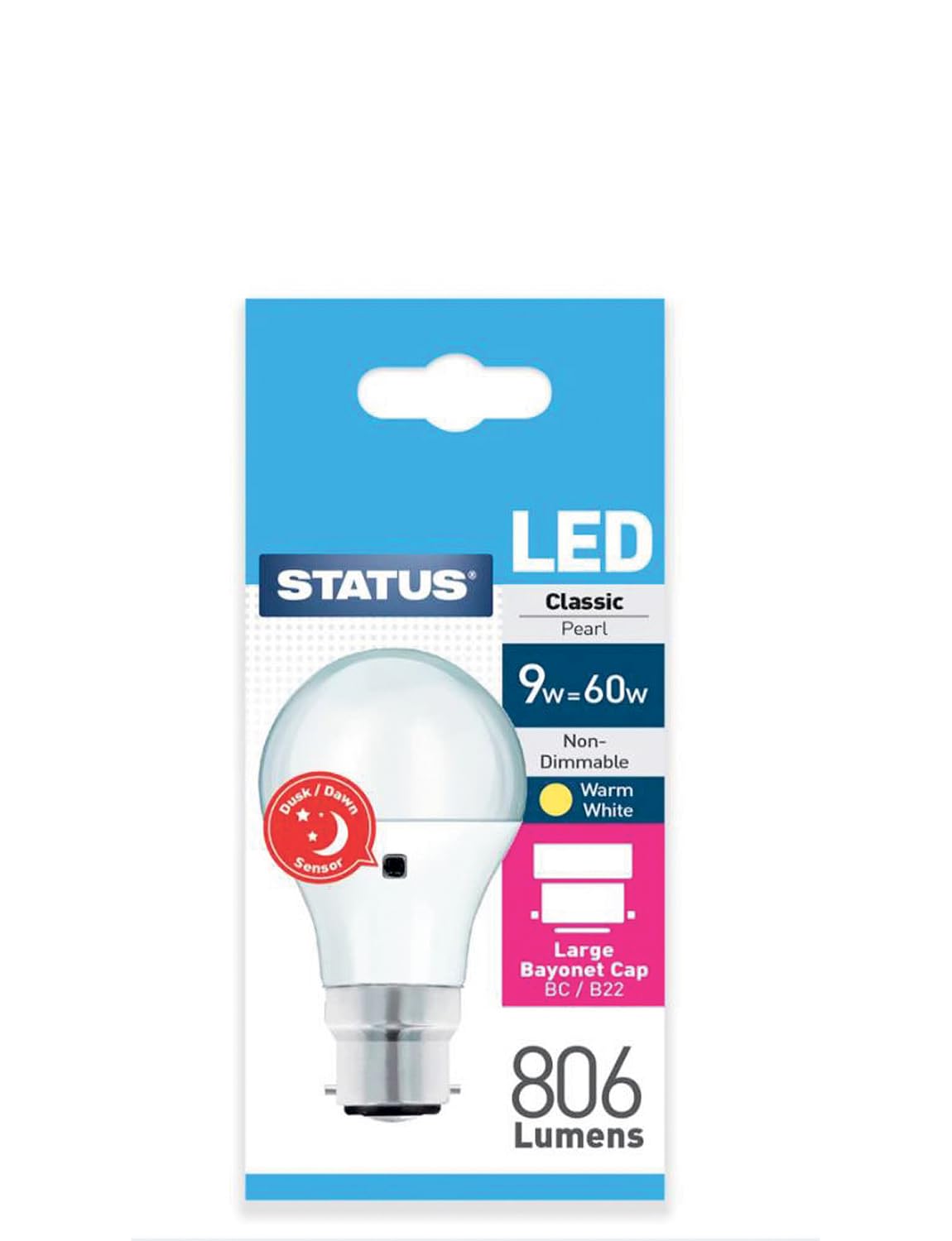 8.5w = 60w = 806 lumens - Status - Sensor LED - GLS - B22 - PA - Pearl - Warm White - 1 pk Box - in White CDU