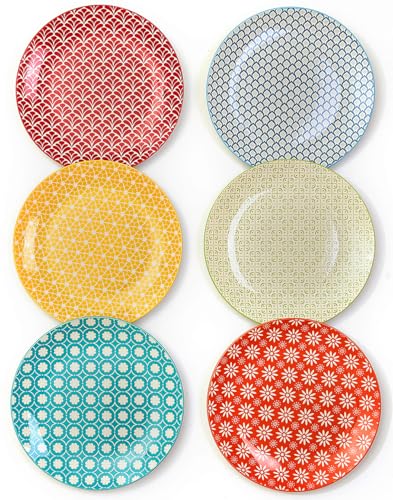 AntoKueh Porcelain Dinner Plates Set of 6, 10.5inch 26.7cm Large Ceramic Plates - Vintage Colorful Design for Salad, Pasta, Steak - Scratch, Chip Resistant, Dishwasher & Microwave Safe