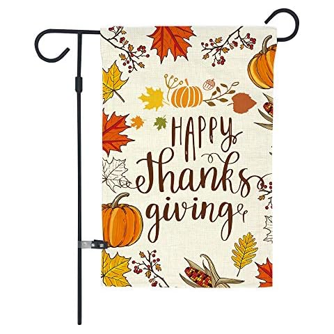 GOAUS Happy Thanksgiving Garden Flag,Fall Maple Leaf Leaves Pumpkin Farm Harvest,Double Sided Burlap Decorative House Flags for Home Lawn Yard Indoor Outdoor Decor,12 x 18 Inch Cover