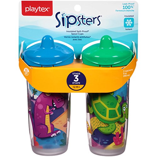 Playtex Sipsters Stage 3 Spill-Proof, Leak-Proof, Break-Proof Insulated Spout Sippy Cups - 9 Ounce - 2 Pack (Color and Design May Vary)