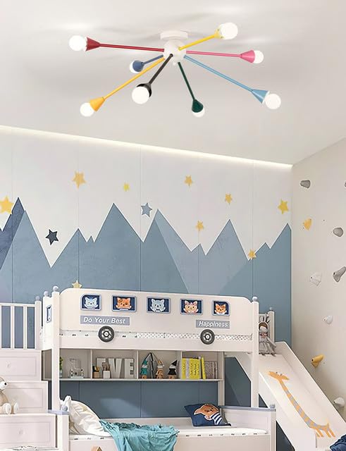Bunte Deckenleuchte Kinderzimmer, 8-Flammige Deckenlampe im Modernen Sputnik Design, Ø 77cm, Farbige Lampe mit E14 Fassung für Jungen, Mädchen & Spielzimmer