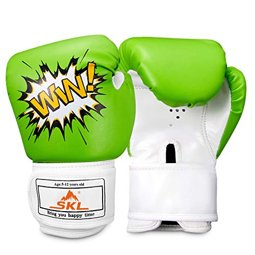 Kids Boxing Gloves, SKL Boxing Gloves for Kids Boys Girls 3-15 Junior Youth Boxing Gloves Toddler Boxing Gloves Training Boxing Gloves for Punching Bag Kickboxing Muay Thai, MMA (GreenWhite)