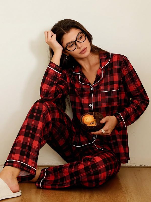 Image of Night Suit for Women with Full Sleeve Button-Down Top with Pant Dress for Woman,Night Dress for Woman, Two-Piece Loungewear Set