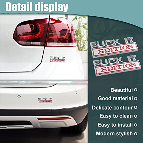 Image of 2PCS Car Emblem Fuck-IT Edition, 3D Letters Metal Material Decals, Trunk Emblem Decals Replacement, Side Fender Rear, Unversal of All Car Models (Silver-Red)