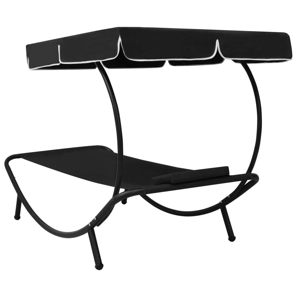 Sonnenliege mit Sonnendach und Kissen Schwarz wetterfeste Gartenliege 200x90cm klappbar verstellbar mit Polster ideal für Terrasse Balkon und Outdoor Relaxliege mit Dach und Rollfunktion