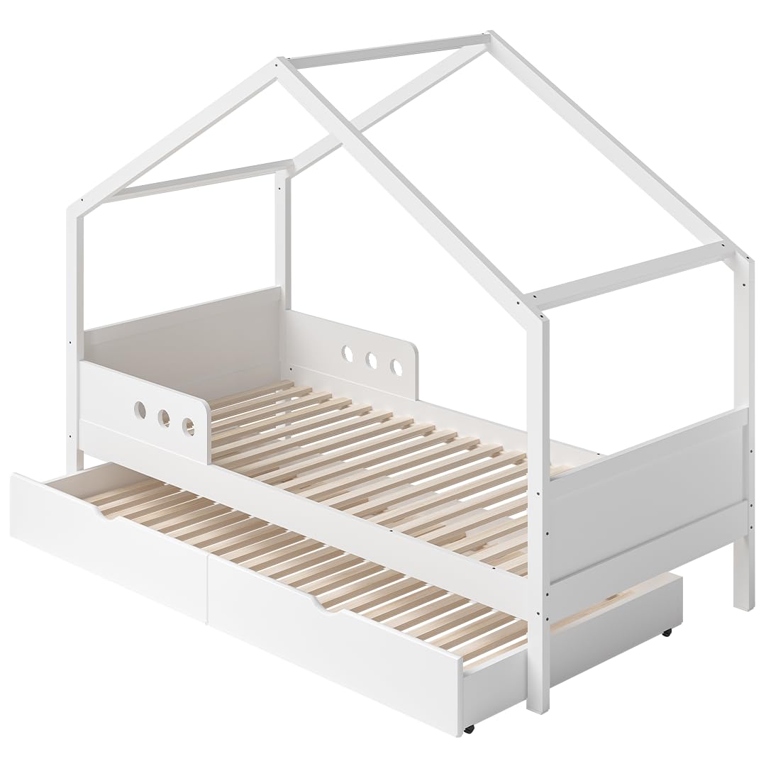 Bellabino Bela Kinderbett 90x200 cm – Hausbett mit Rausfallschutz & Lattenrost – Kinder Bett mit Gästebett für Jungen und Mädchen – Montessori Kinderhausbett aus Kiefer Holz in Weiß