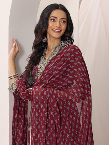 Image of Libas Womens Printed Silk Blend Straight Kurta With Trousers and Dupatta | daily wear suit
