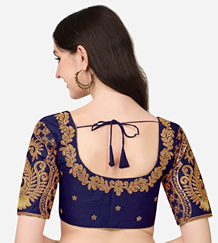 Image of Pujia Mills Women's Phantom Silk Embroidery Handwork & Sequin Work Peacock Design Half Sleeve Readymade Blouse (Mor Blouse Gold 38 Size+Margin)