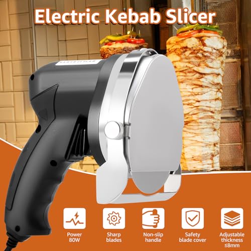 Electric Kebab Slicer, 80W Handheld Doner Kebab Shawarma Cutter Machine, Adjustable Cutting Thickness with 0-8mm, Blade width10cm, for Roast Meat Shops, Restaurants, for All Kinds of Meat. - Image 2