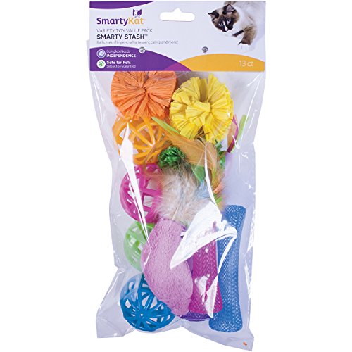 SmartyKatÂ, Smarty Stashâ„¢, Variety Cat Toy Value Pack, Lightweight, Includes Catnip, Raffia, Mesh and Balls, 13 Piece (9768)