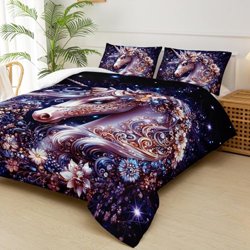 Image of Black Unicorn Comforter Set King Size,Unicorn Floral King Bedding Set for Girls,Unicorn Quilt Panel,with 1 Comforter with 2 Pillow Case
