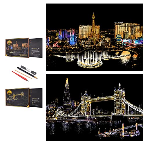 scratch painting rainbow paper by boteen sketch diy art craft city series night view creative gift scratchboard for adults and kids craft kits with 4 tools163939x1139 las vegastower bridge