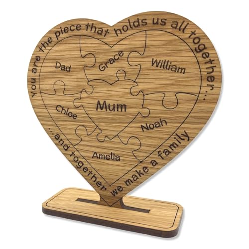 Personalised Christmas Gift for Mum – Free Standing Family Oak Puzzle Heart – Add up to 6 Family Names – Hand Crafted in the UK