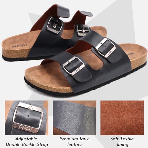 Image of ONCAI Mens Sandals,Beach Slides Cork Footbed Slippers with Adjustable Buckle Straps Size 7-13