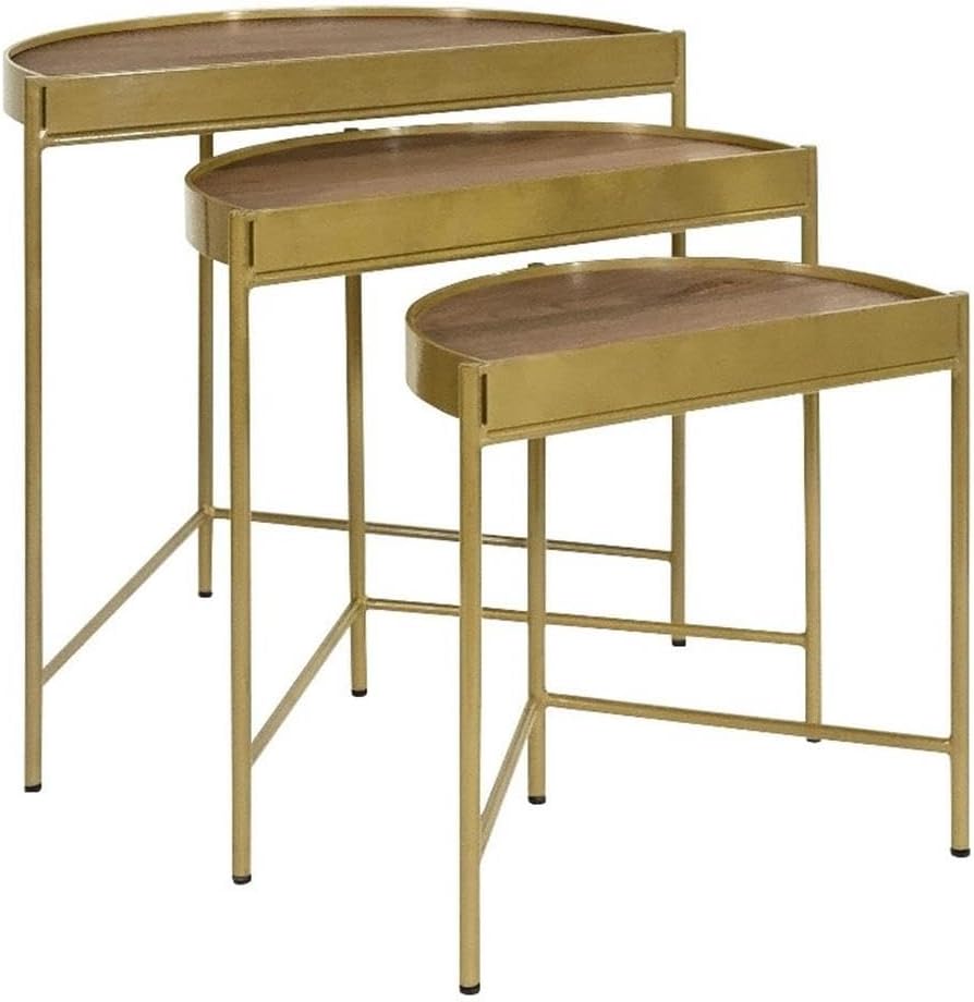 Pemberly Row 3-Piece Metal Demilune Nesting Tables, Mango Wood Brown and Gold Finish, Eco-Friendly Construction, Half-Moon Shape, Living Room Accent Tables or Space-Saving Use