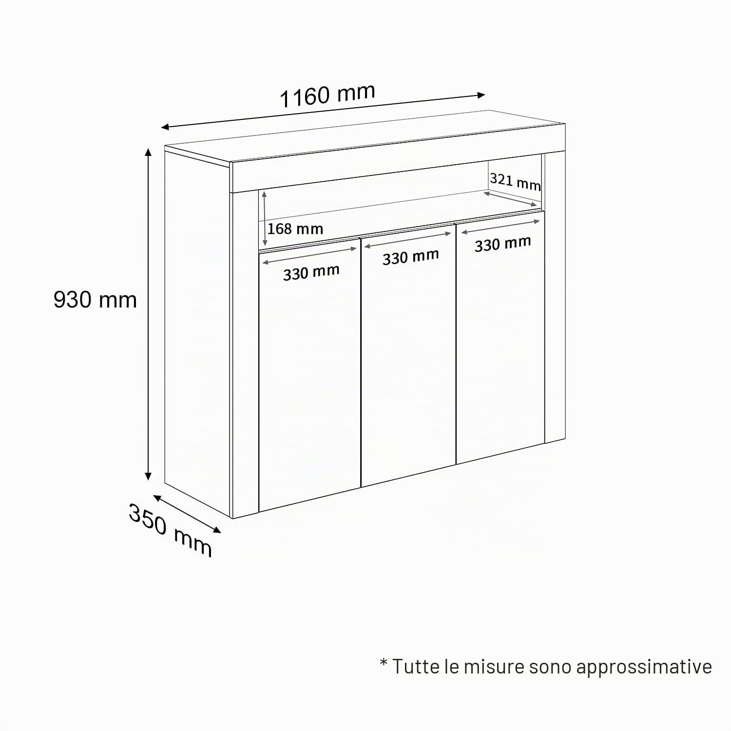 Cassettiera bianca lucida, credenza con LED, 3 ante, design senza manico, per cucina, corridoio, camera da letto, 116 x 93 x 35 cm (larghezza x altezza x profondità)