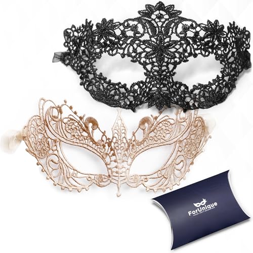 ForUnique Masquerade Mask for Couples Women and Men - 2 Pack Venetian Gold and Black Lace, Mardi Gras Mask