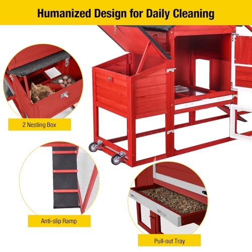 Aivituvin Chicken Coop Expandable Mobile Chicken House for Outdoor with Wheels, Nesting Box, Leakproof Pull-on Tray and UV-Resistant Roof Panel (Red) - Image 4