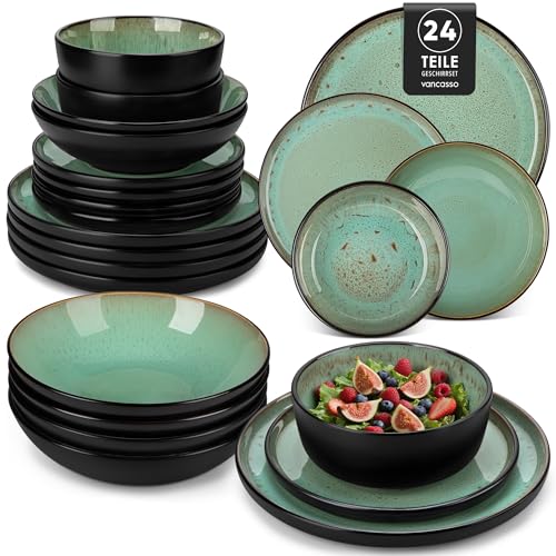 Geschirrset 6 Personen, vancasso AMBER Steingut Geschirr Set Handmade, Teller Set 6 Personen 24tlg,...