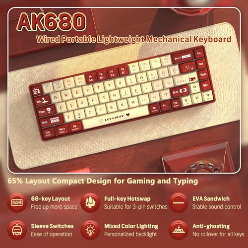 Image of AJAZZ AK680 65% Wired Hotswap Mechanical Gaming Keyboard, 68 Keys Portable Anti-Ghosting, Rainbow Lighting Programmable, EVA Sandwich, Ergonomic, Brown Switch for MAC /Win Red